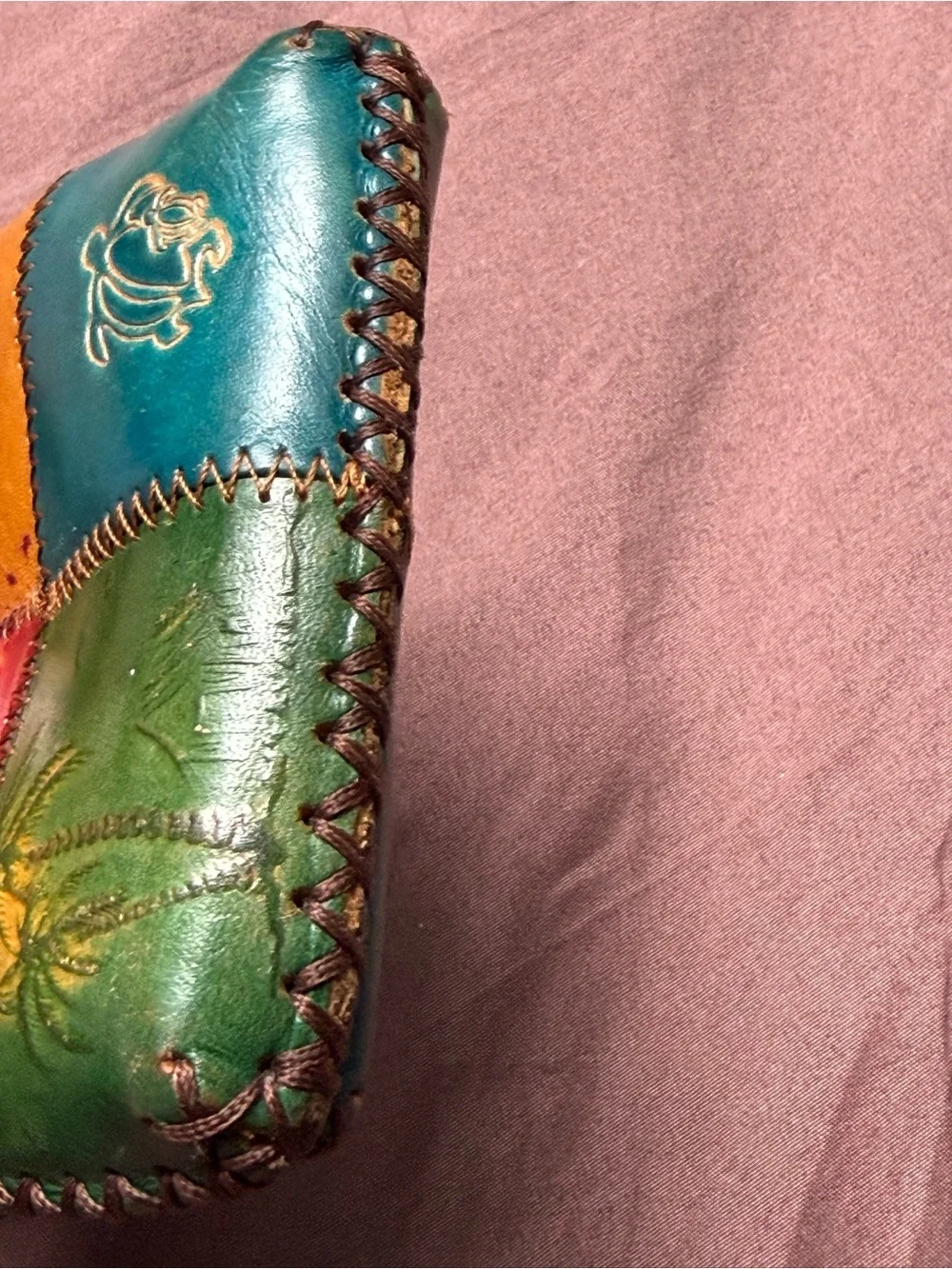 Aloha Hawaii Leather Patchwork Coin Purse Pouch in Teal, Mustard & Red